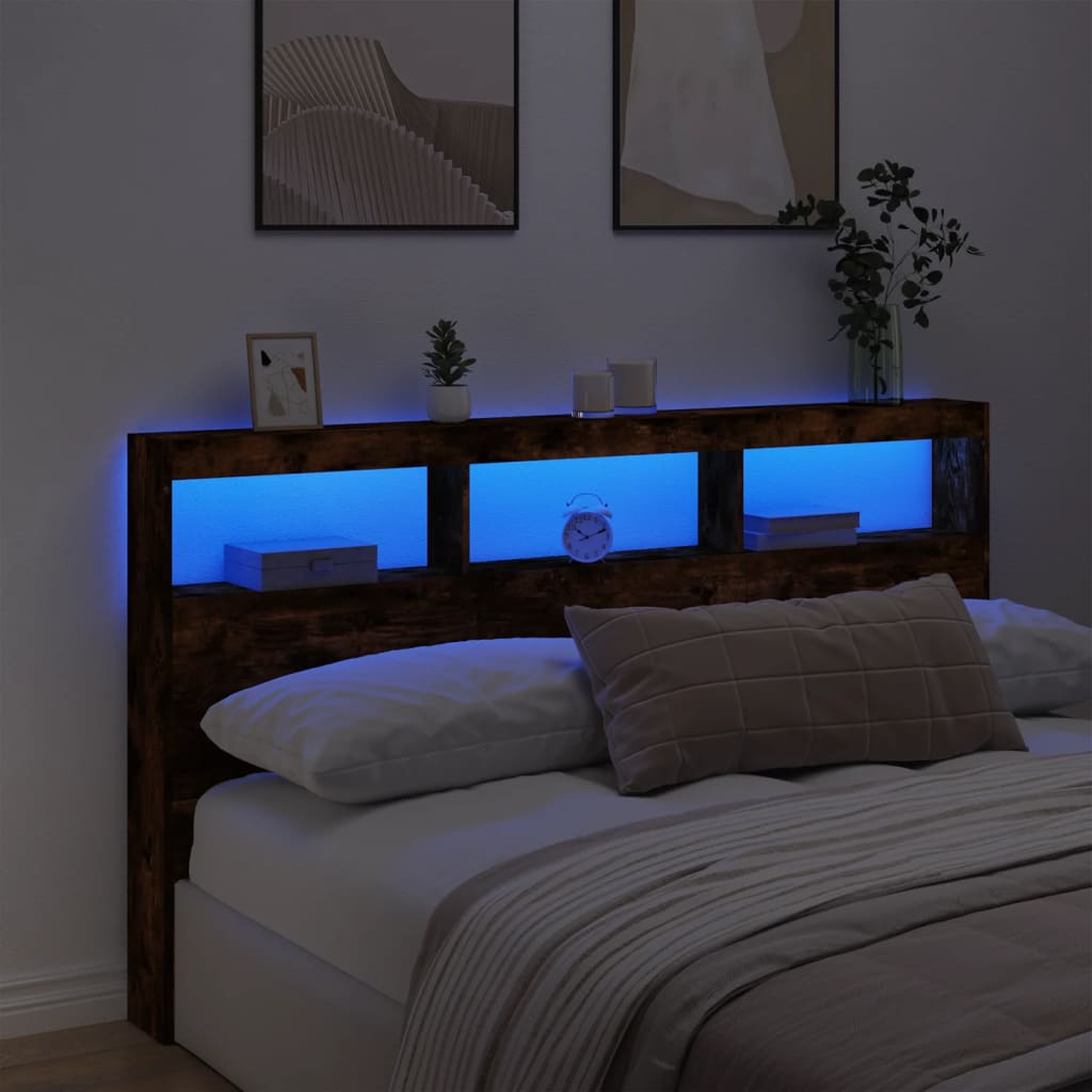 Hoofdbordkast met LED-verlichting 180x17x102 cm gerookt eiken
