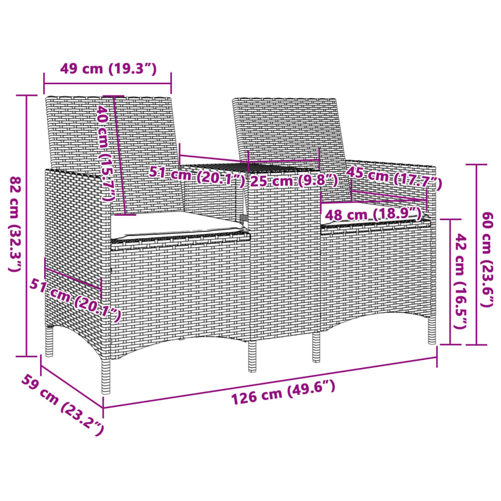 Tuinbank 2-zits met tafel en kussens poly rattan zwart