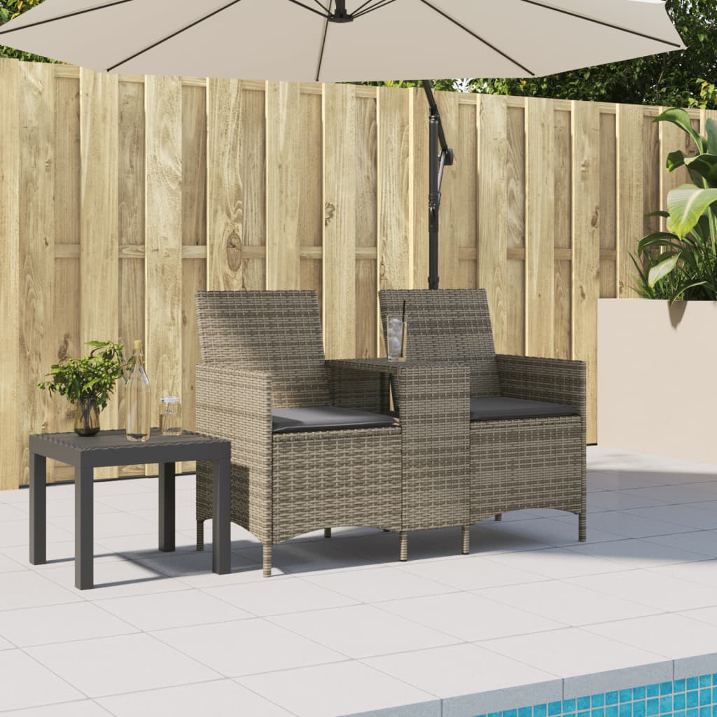 Tuinbank 2-zits met tafel en kussens poly rattan grijs