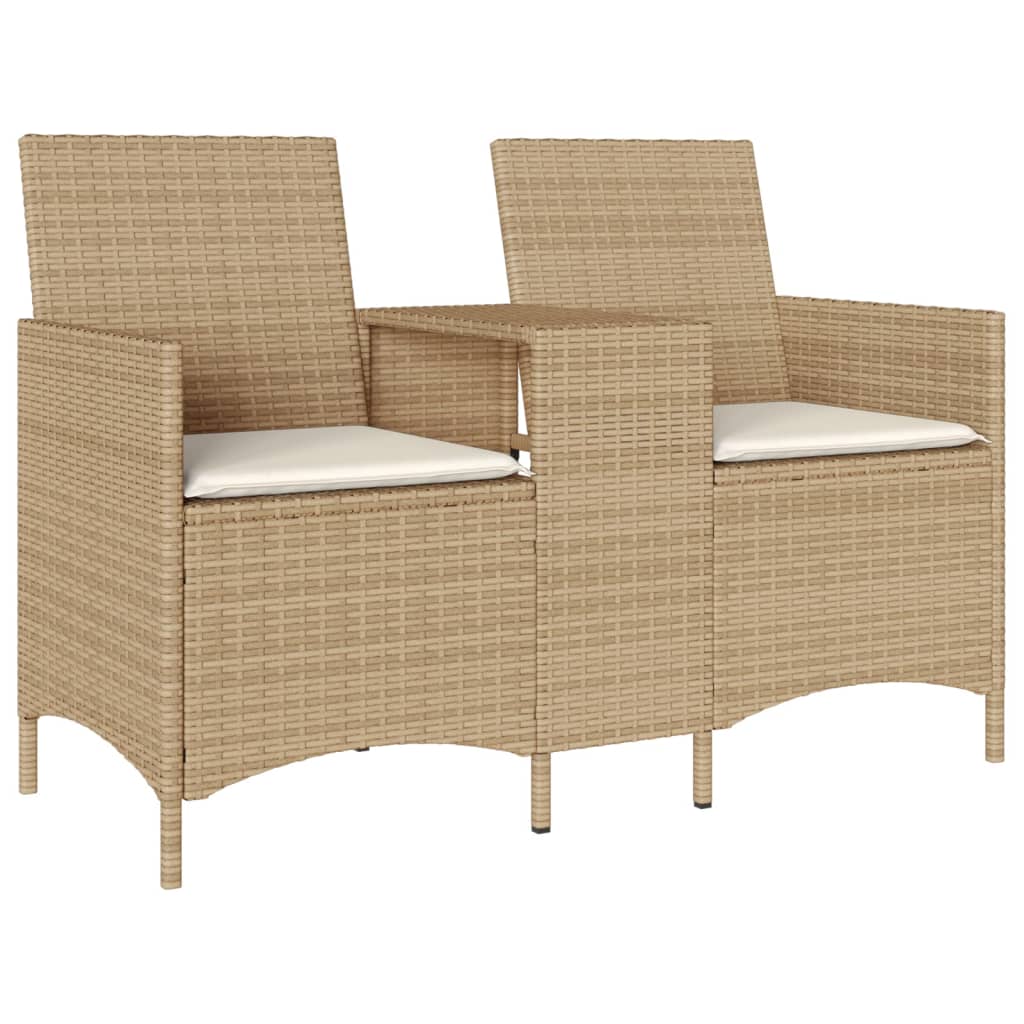 Tuinbank 2-zits met tafel en kussens poly rattan beige