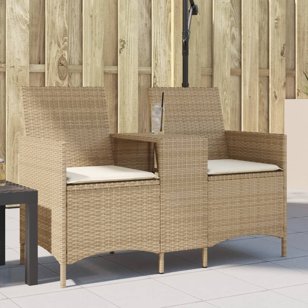 Tuinbank 2-zits met tafel en kussens poly rattan beige