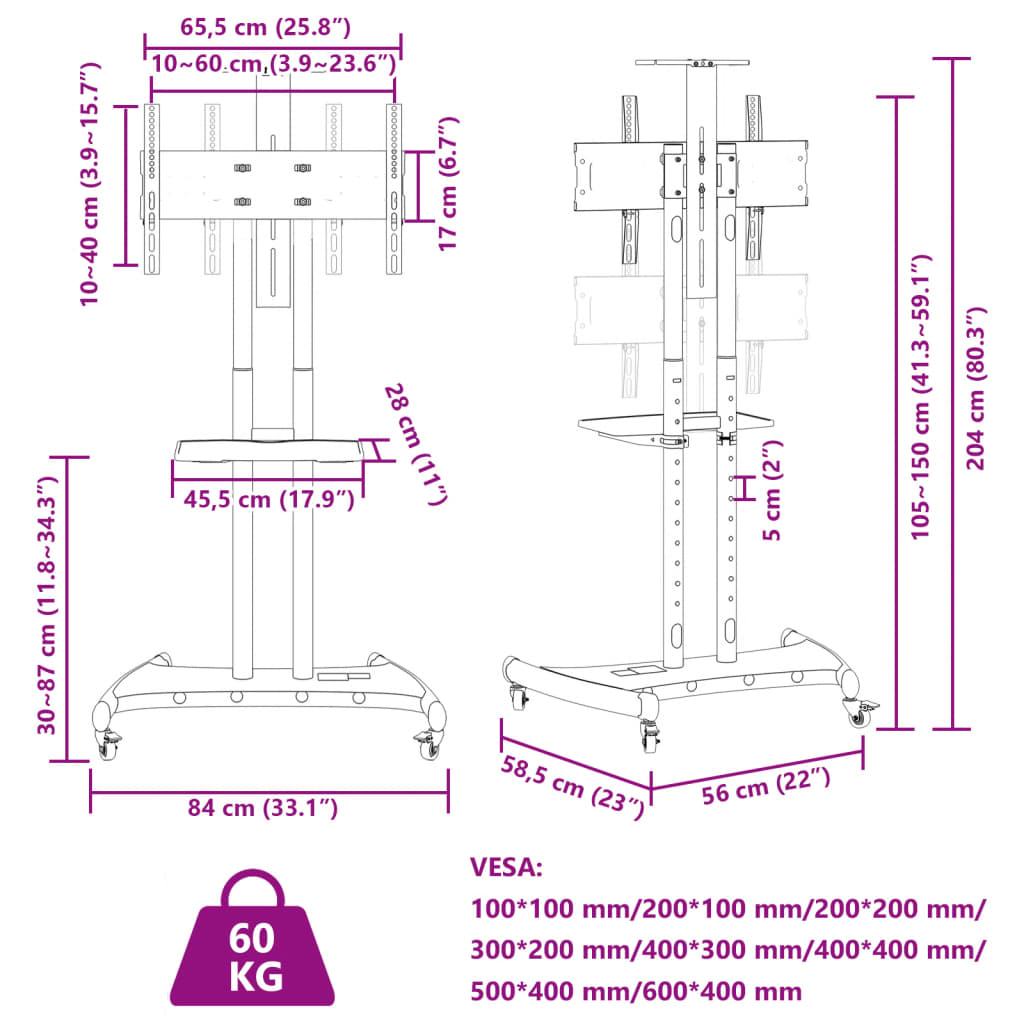 TV-standaard wielen 32-70 inch scherm 60 kg Max VESA 600x400 mm Tv-onderdelen & -accessoires | Creëer jouw Trendy Thuis | Gratis bezorgd & Retour | Trendy.nl