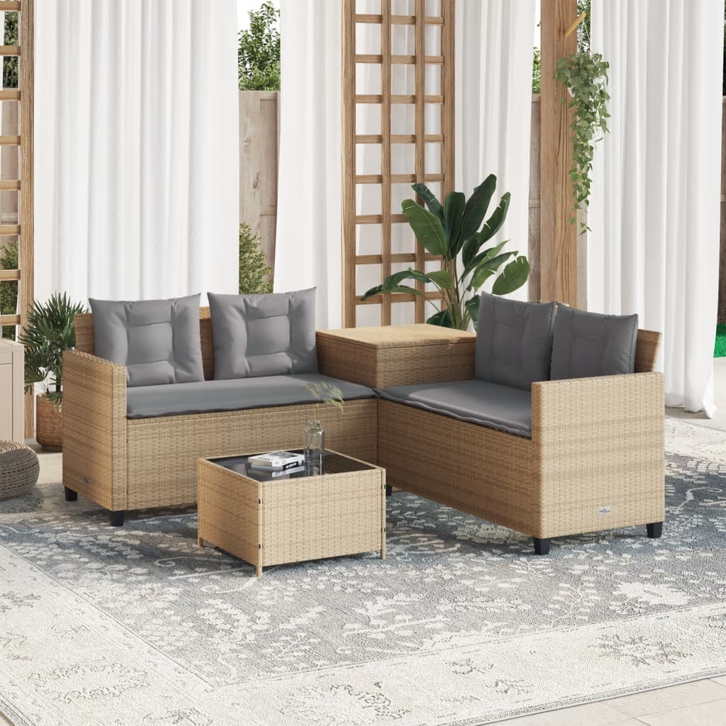 Tuinbank met tafel en kussens L-vormig poly rattan beige Tuinsets | Creëer jouw Trendy Thuis | Gratis bezorgd & Retour | Trendy.nl