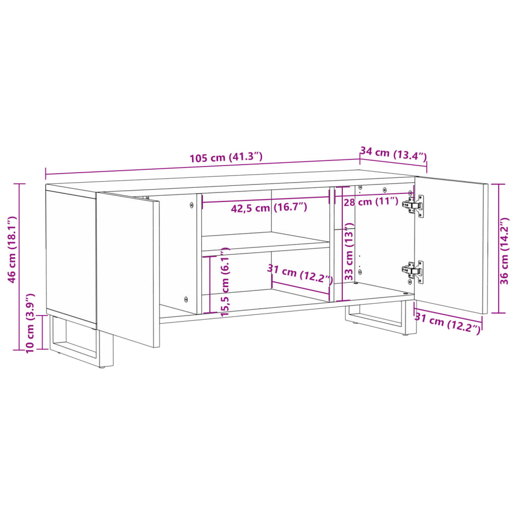 Tv-meubel 105x34x46 cm massief ruw mangohout Cd- & dvd-kasten | Creëer jouw Trendy Thuis | Gratis bezorgd & Retour | Trendy.nl