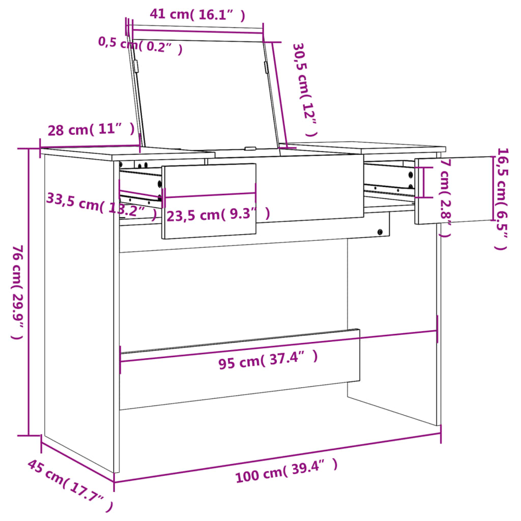 Kaptafel met spiegel 100x45x76 cm gerookt eikenkleurig