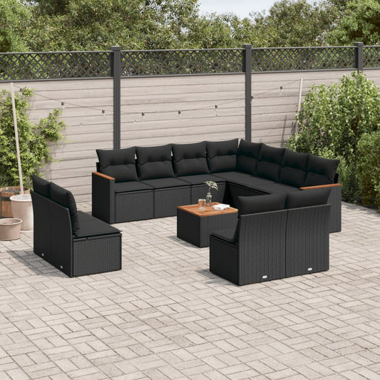 12-delige Loungeset met kussens poly rattan zwart