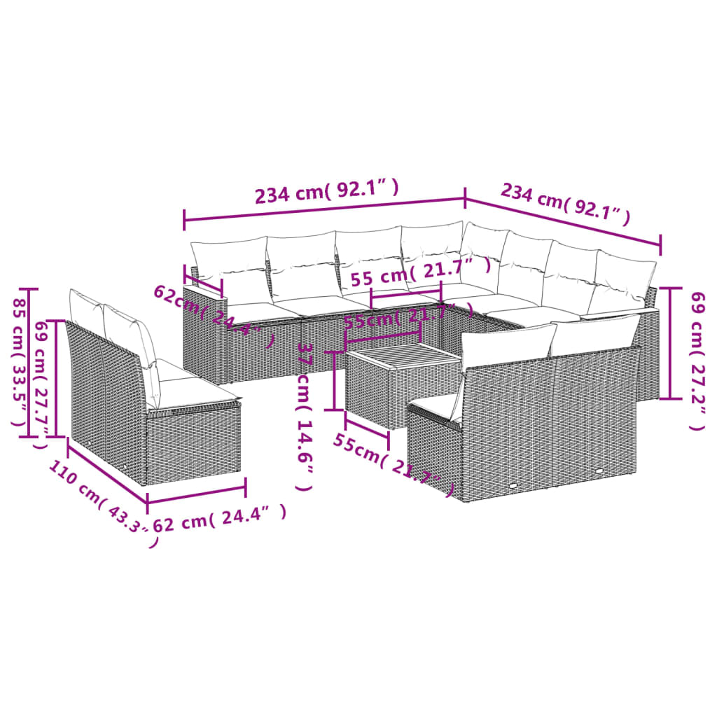 12-delige Loungeset met kussens poly rattan zwart