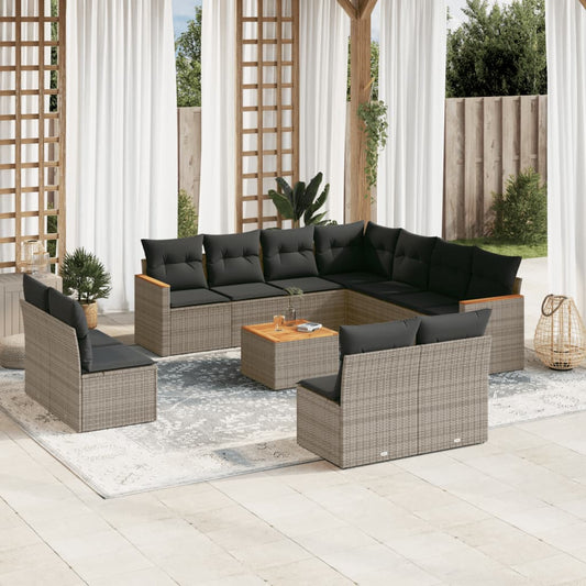 12-delige Loungeset met kussens poly rattan grijs