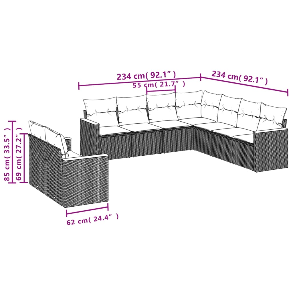 9-delige Loungeset met kussens poly rattan gemengd beige