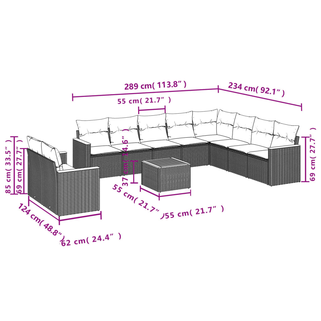 11-delige Tuinset met kussens poly rattan beige