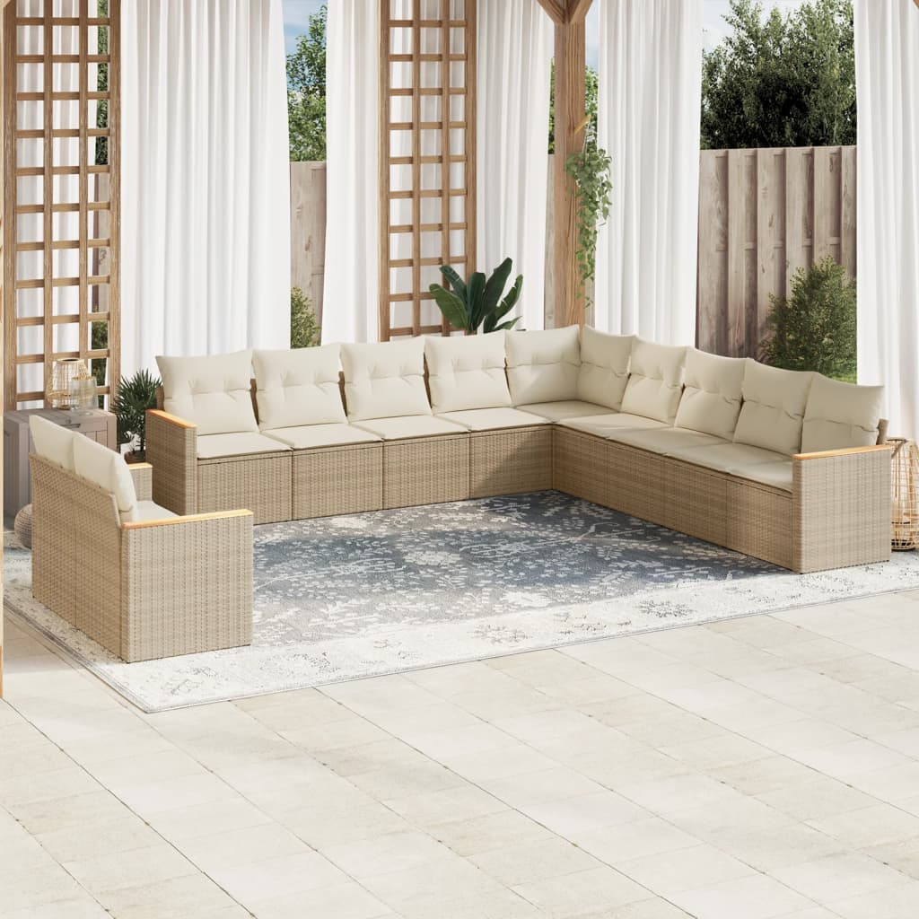 11-delige Tuinset met kussens poly rattan beige