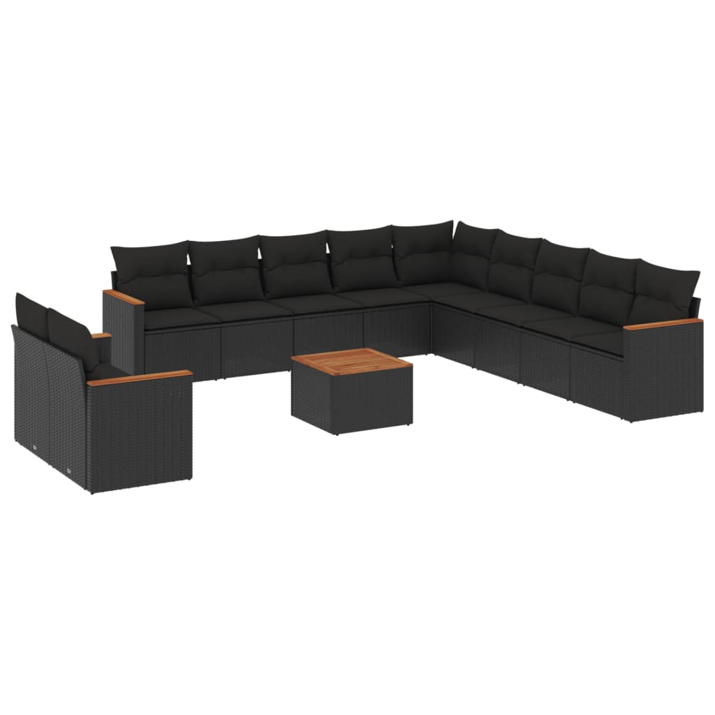 12-delige Loungeset met kussens poly rattan zwart