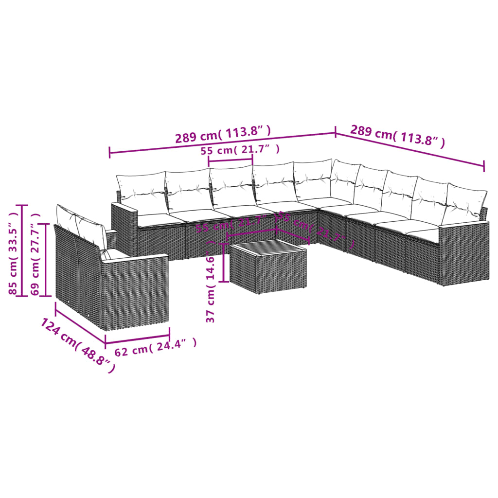 12-delige Loungeset met kussens poly rattan zwart