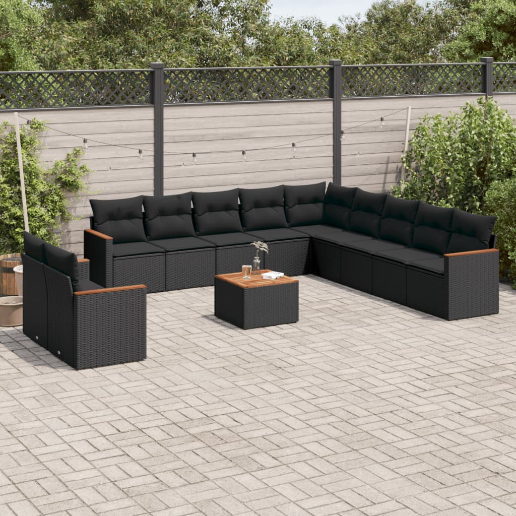 12-delige Loungeset met kussens poly rattan zwart