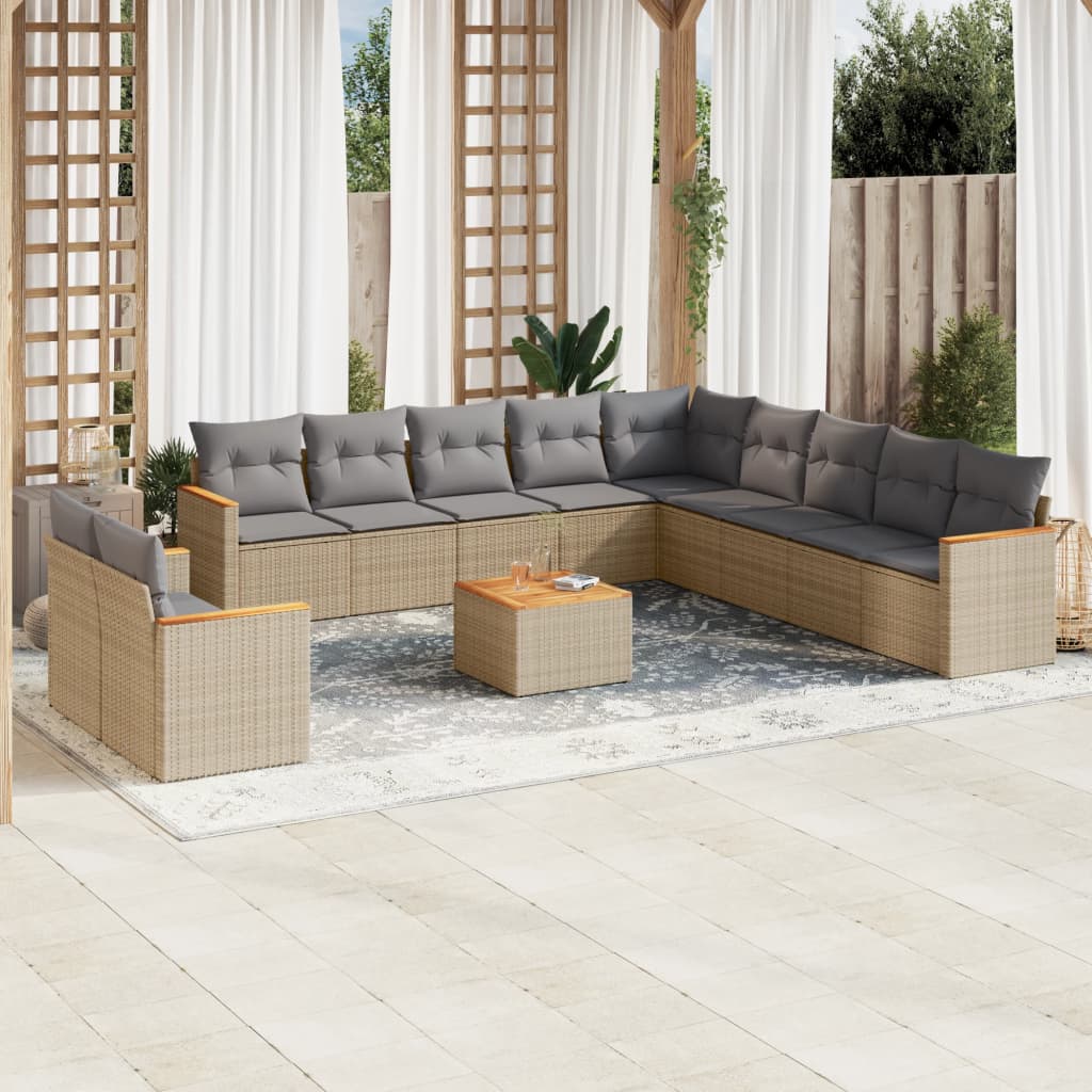 12-delige Loungeset met kussens poly rattan gemengd beige