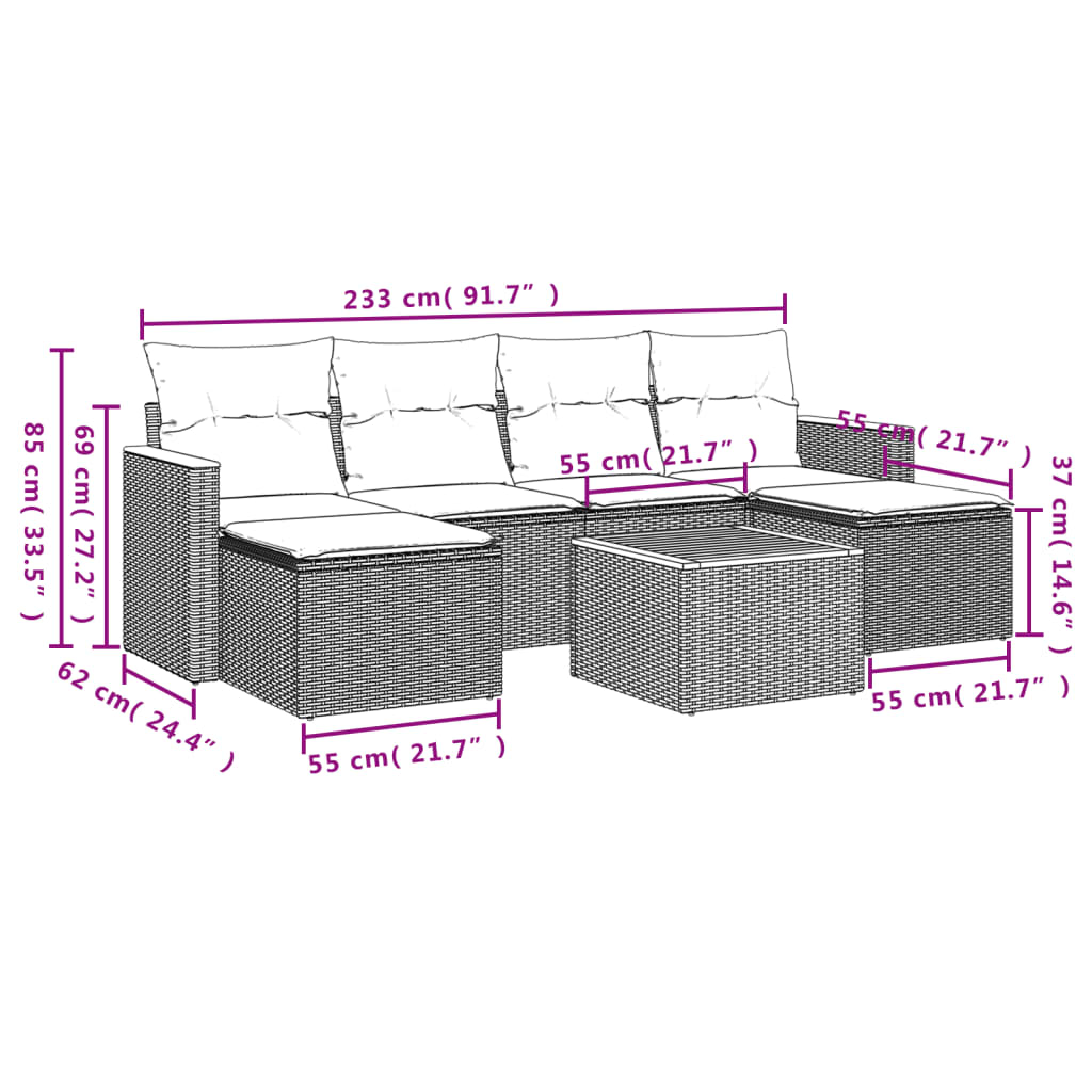 7-delige Loungeset met kussens poly rattan beige