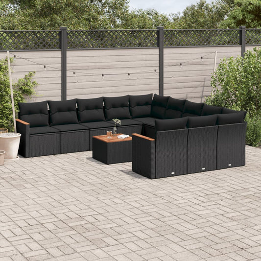 12-delige Loungeset met kussens poly rattan zwart