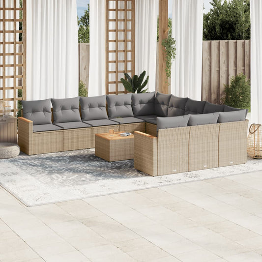 12-delige Loungeset met kussens poly rattan gemengd beige