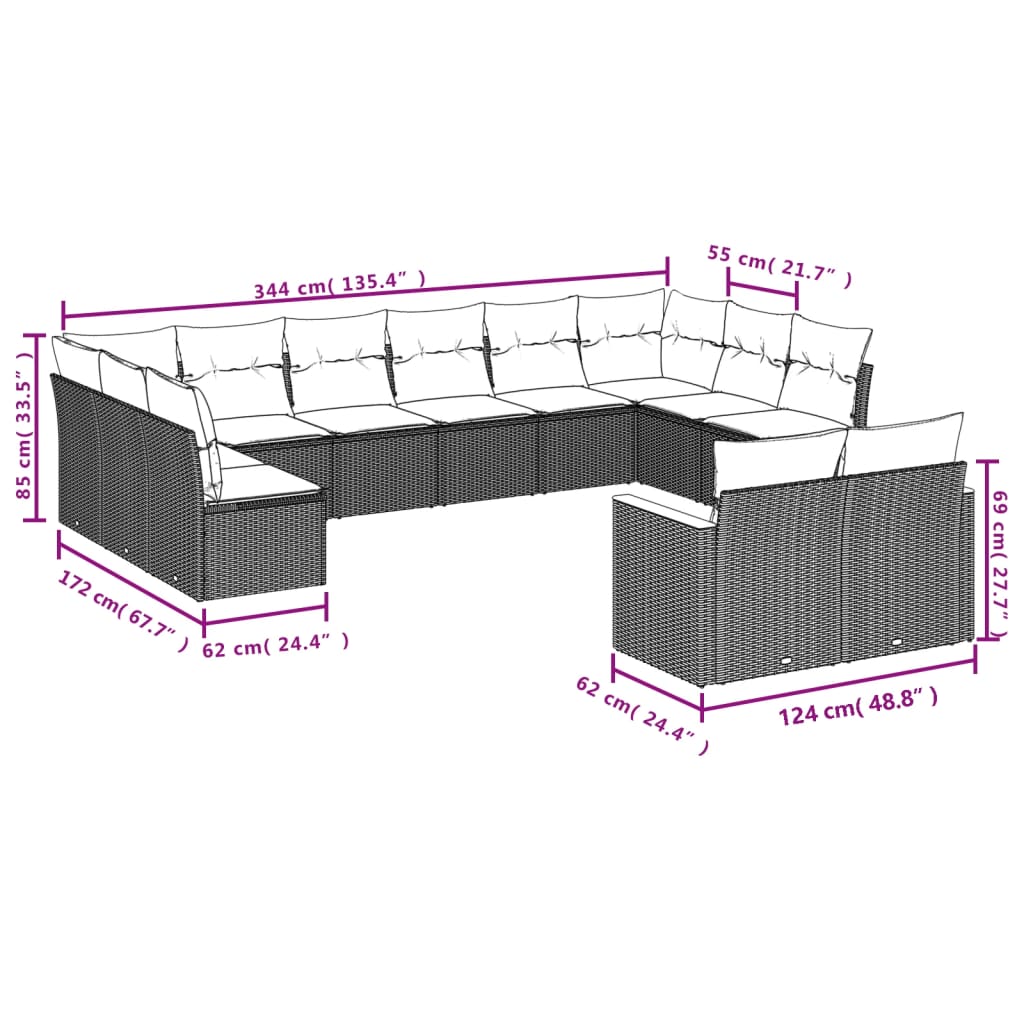 12-delige Loungeset met kussens poly rattan zwart Tuinsets | Creëer jouw Trendy Thuis | Gratis bezorgd & Retour | Trendy.nl