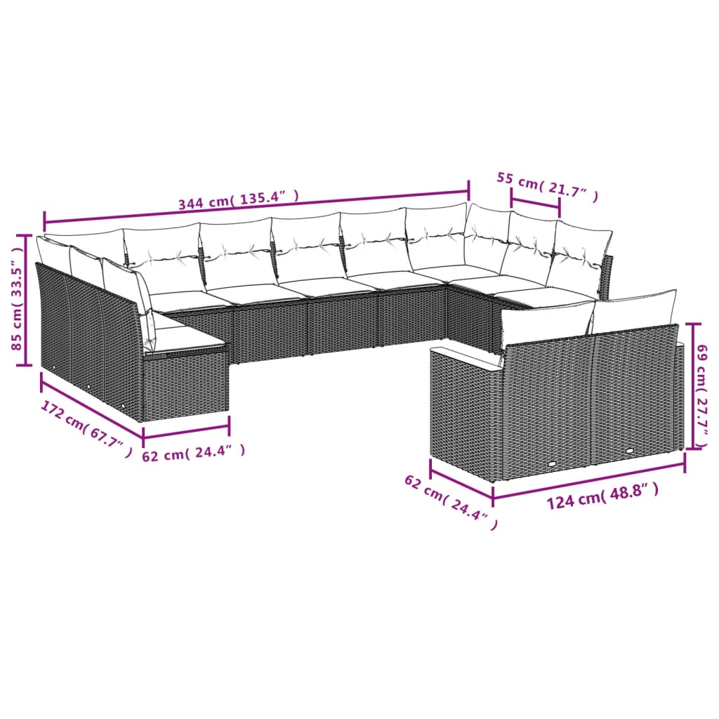 12-delige Loungeset met kussens poly rattan grijs Tuinsets | Creëer jouw Trendy Thuis | Gratis bezorgd & Retour | Trendy.nl