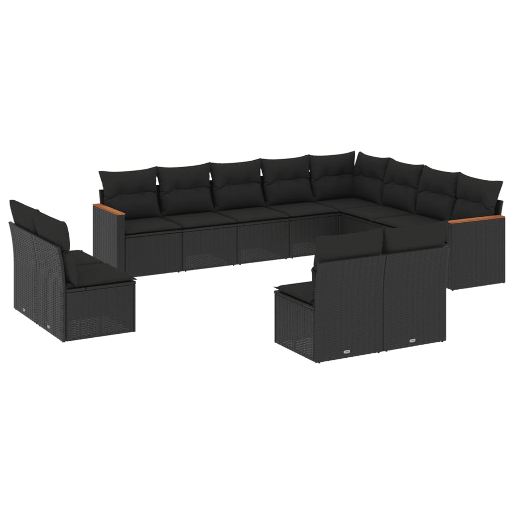 12-delige Loungeset met kussens poly rattan zwart