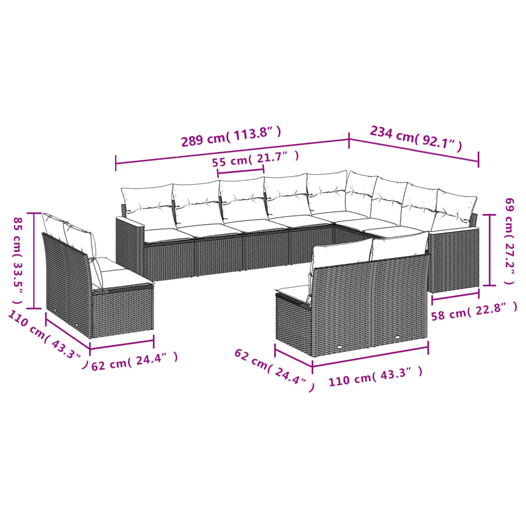 12-delige Loungeset met kussens poly rattan zwart