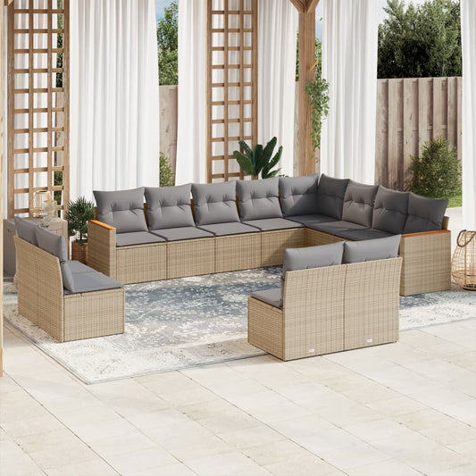 12-delige Loungeset met kussens poly rattan gemengd beige