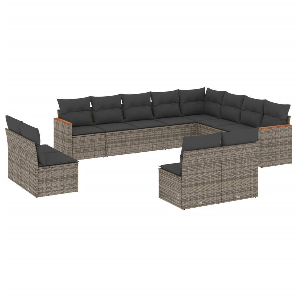 12-delige Loungeset met kussens poly rattan grijs