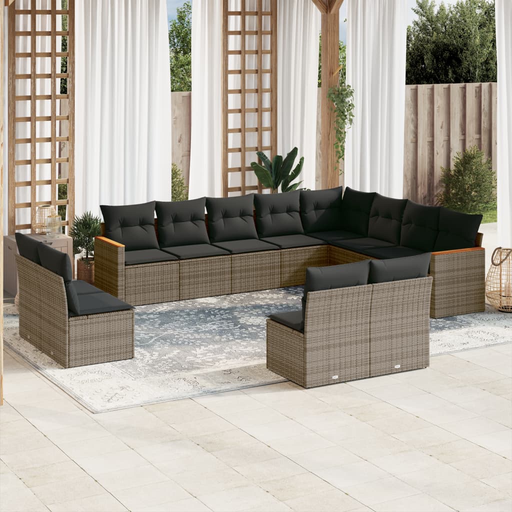 12-delige Loungeset met kussens poly rattan grijs