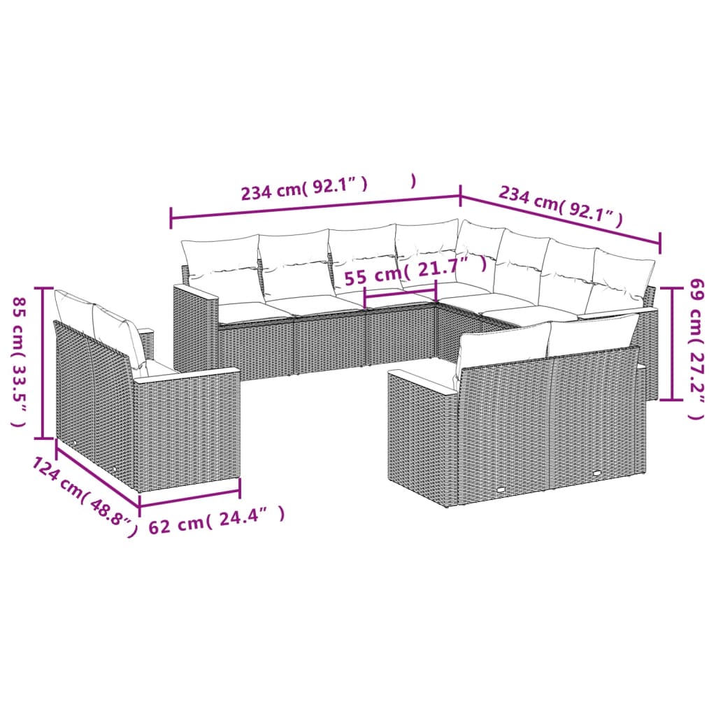 11-delige Tuinset met kussens poly rattan beige