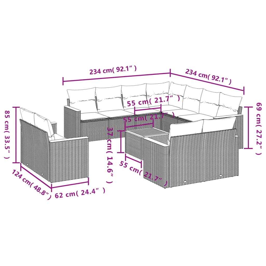 12-delige Loungeset met kussens poly rattan zwart