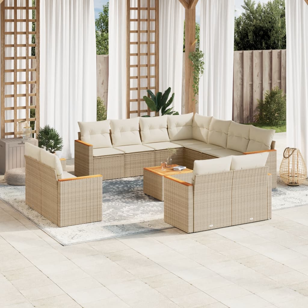 12-delige Loungeset met kussens poly rattan beige