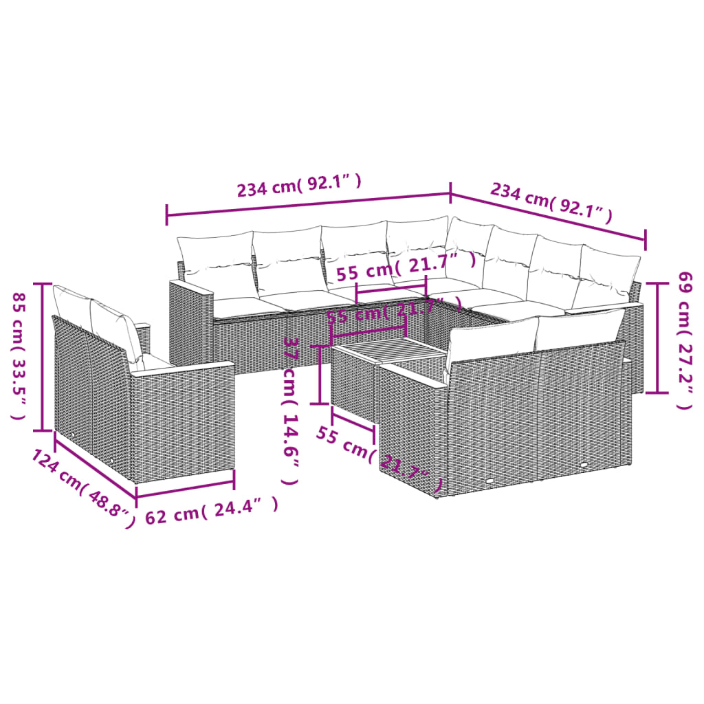 12-delige Loungeset met kussens poly rattan gemengd beige