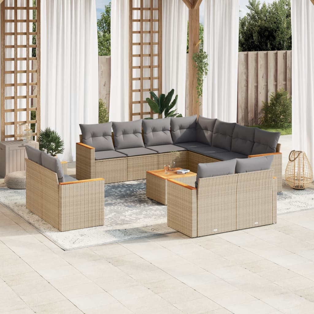 12-delige Loungeset met kussens poly rattan gemengd beige