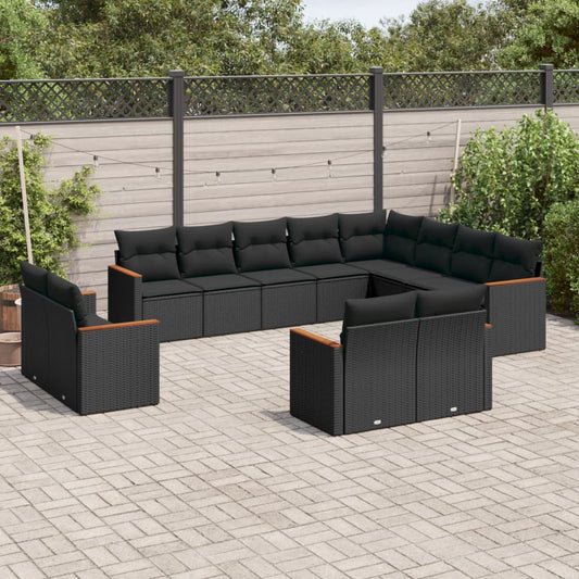 12-delige Loungeset met kussens poly rattan zwart