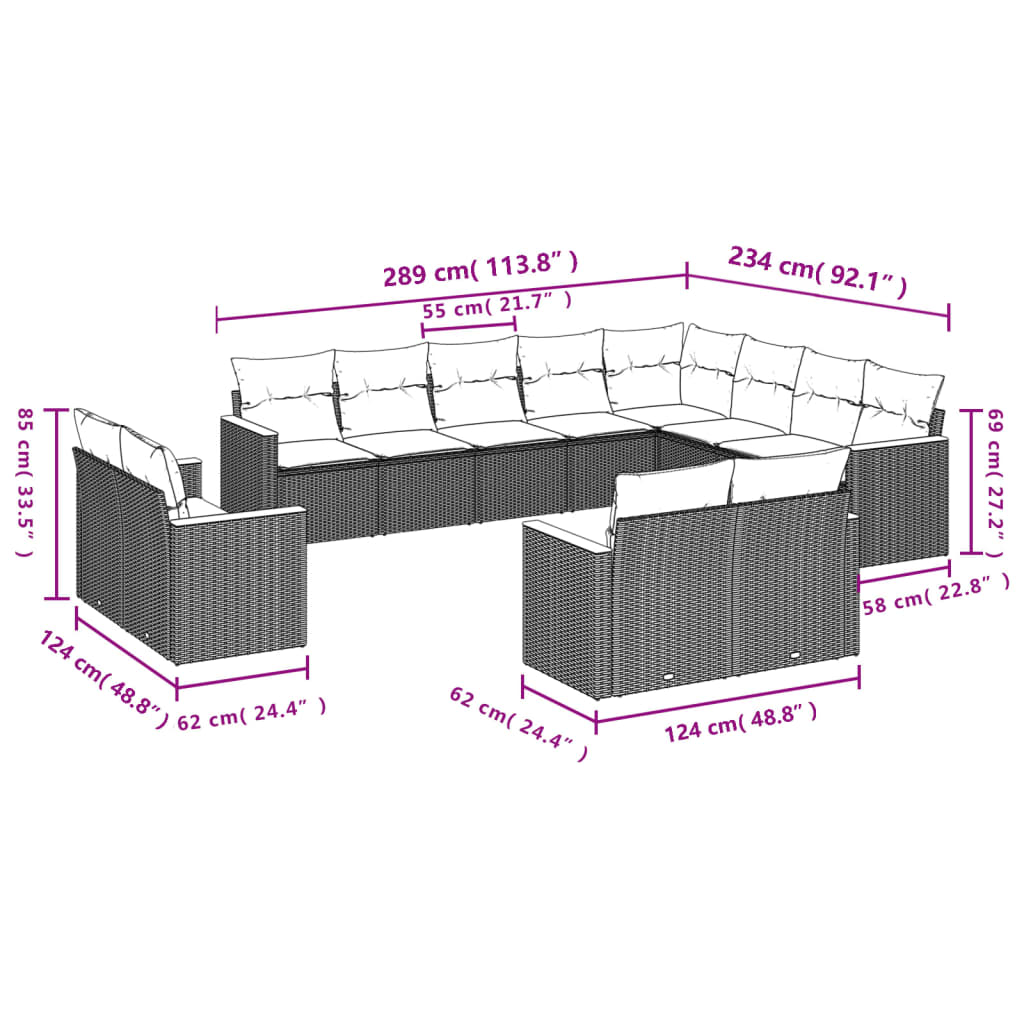 12-delige Loungeset met kussens poly rattan zwart