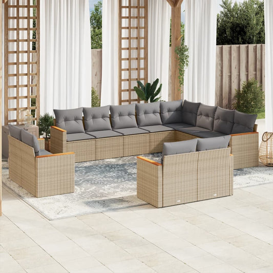 12-delige Loungeset met kussens poly rattan gemengd beige