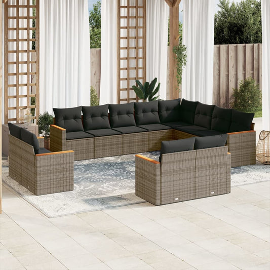 12-delige Loungeset met kussens poly rattan grijs