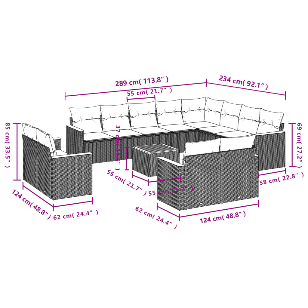 13-delige Loungeset met kussens poly rattan gemengd beige