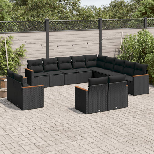 13-delige Loungeset met kussens poly rattan zwart