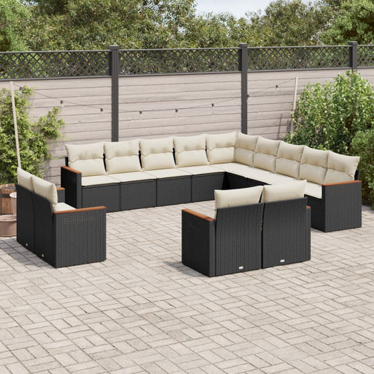 13-delige Loungeset met kussens poly rattan zwart