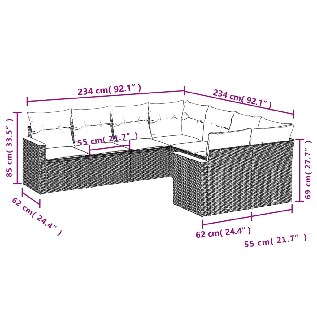 8-delige Loungeset met kussens poly rattan zwart