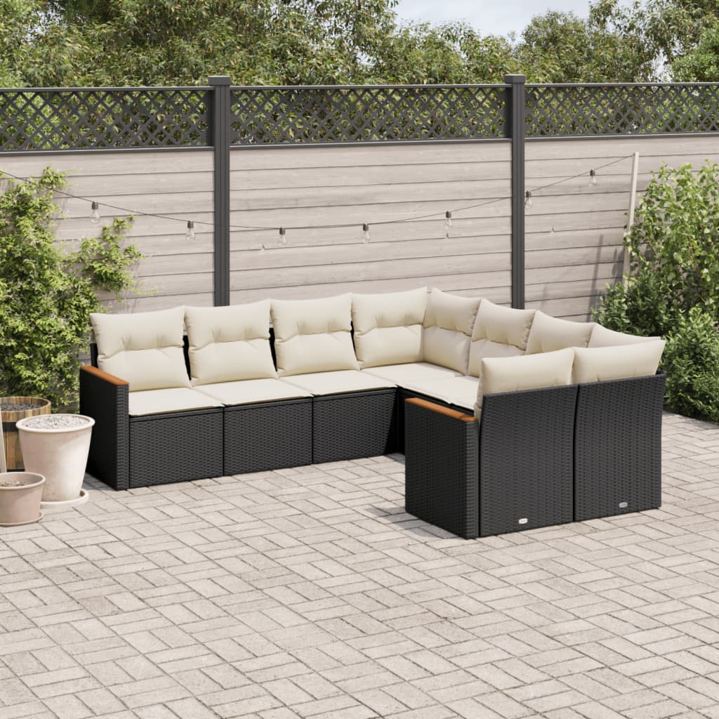 8-delige Loungeset met kussens poly rattan zwart