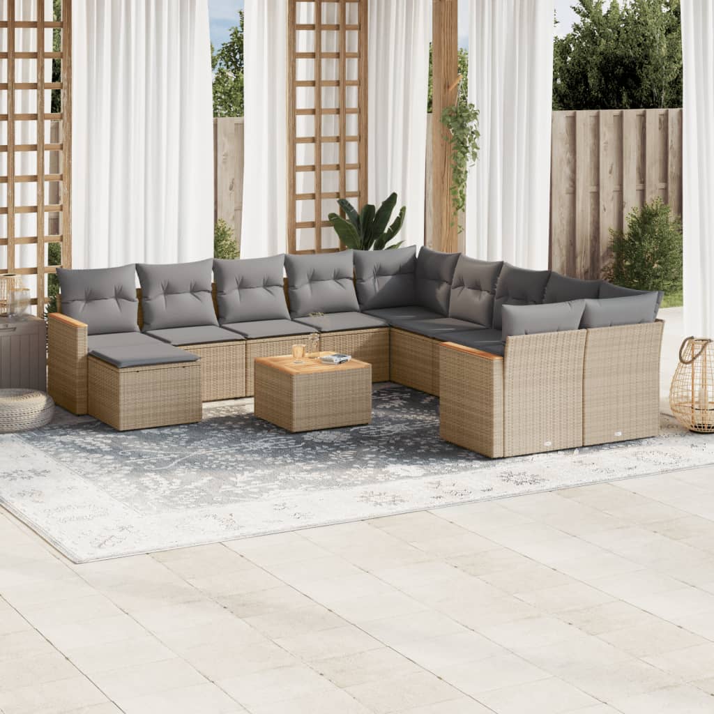 12-delige Loungeset met kussens poly rattan gemengd beige