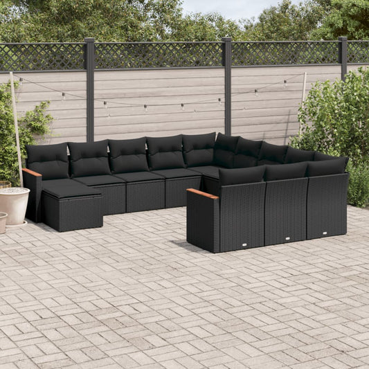 12-delige Loungeset met kussens poly rattan zwart