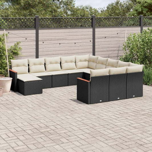 12-delige Loungeset met kussens poly rattan zwart