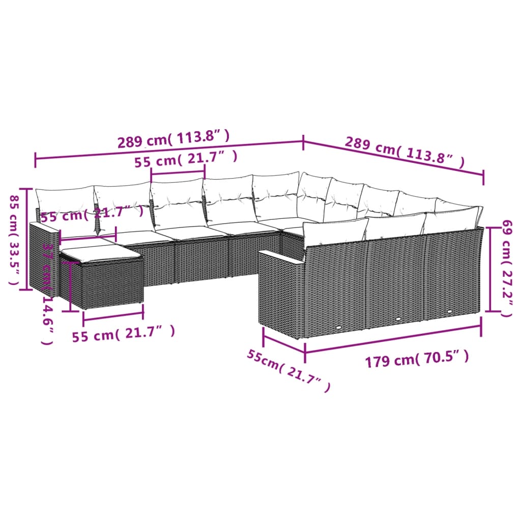 12-delige Loungeset met kussens poly rattan grijs