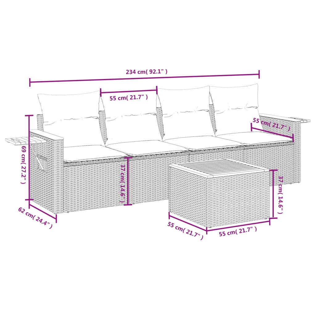 5-delige Loungeset met kussens poly rattan grijs Tuinsets | Creëer jouw Trendy Thuis | Gratis bezorgd & Retour | Trendy.nl