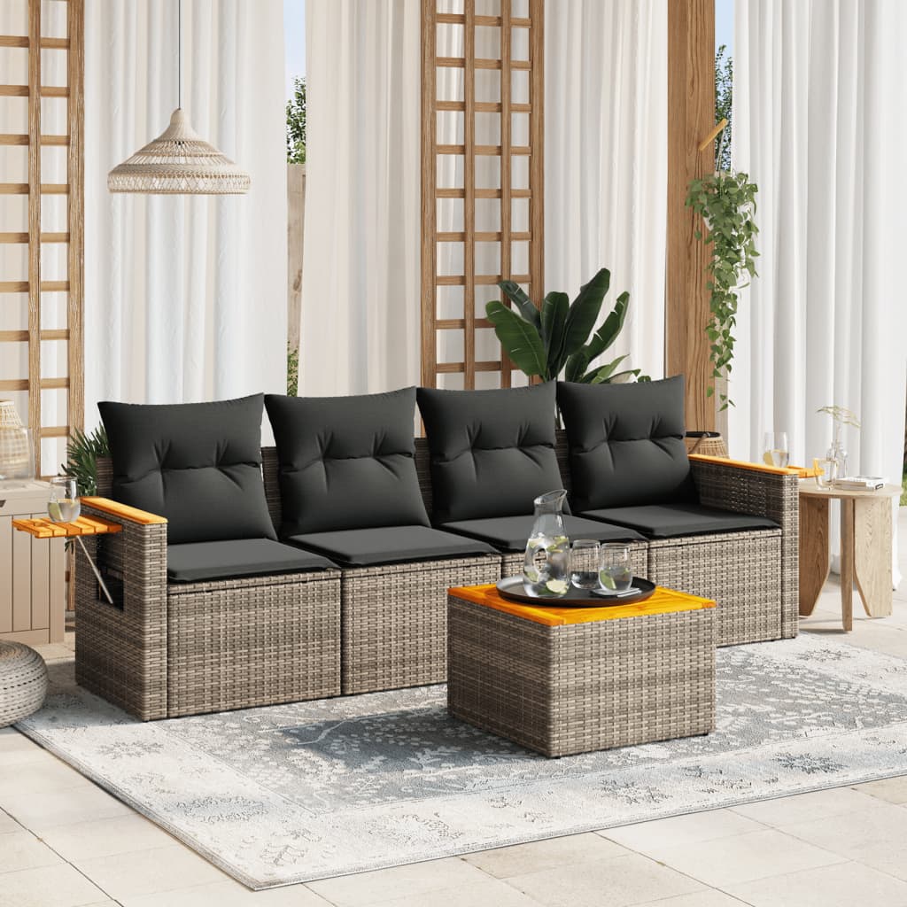 5-delige Loungeset met kussens poly rattan grijs Tuinsets | Creëer jouw Trendy Thuis | Gratis bezorgd & Retour | Trendy.nl