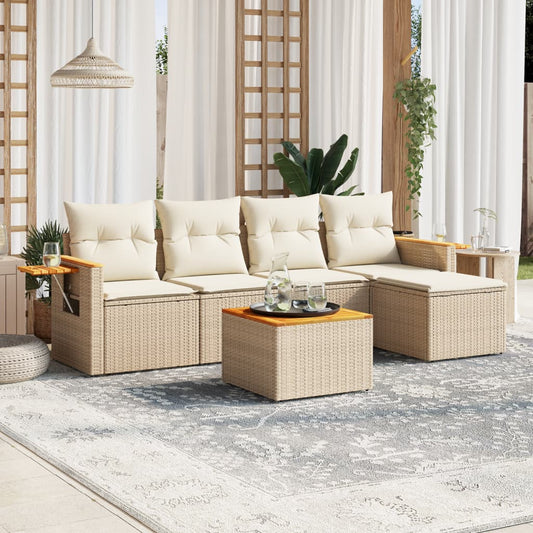 6-delige Loungeset met kussens poly rattan beige